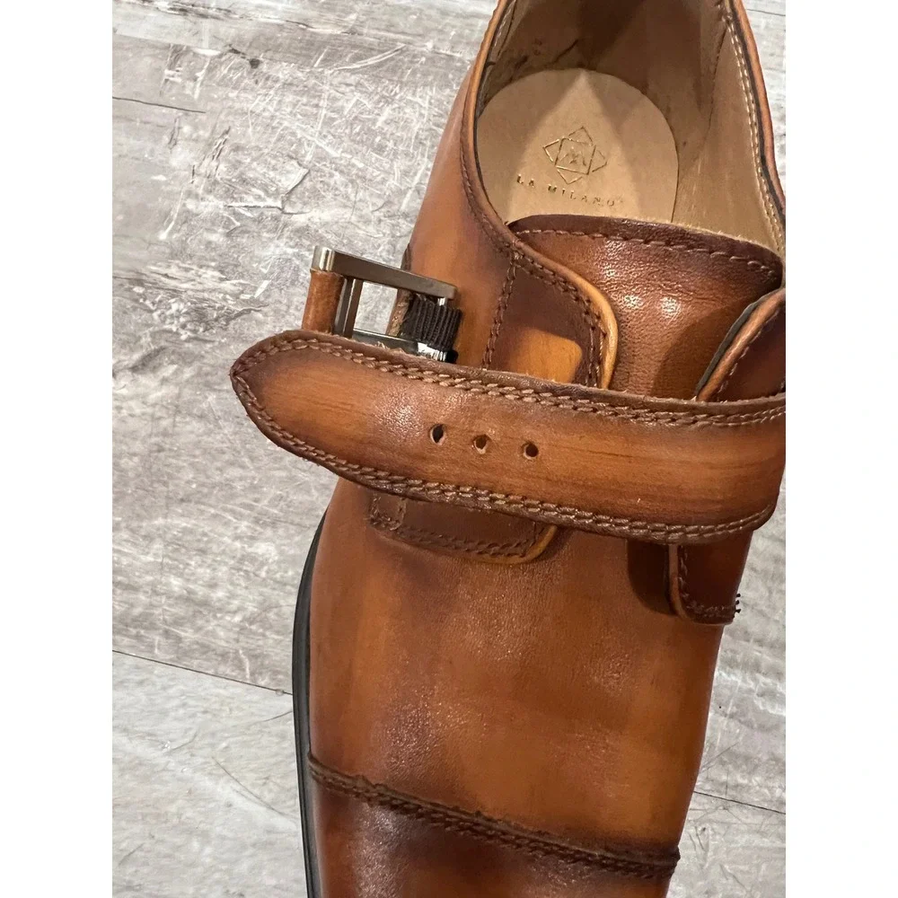 La Milano Willem Dress Shoes Men's US 8.5 Brown Upper Leather Monk Strap Cap Toe